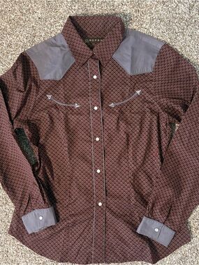 Roper Women’s L Western Pearl Snap Shirt Brown Paisley Cowgirl Ranchwear